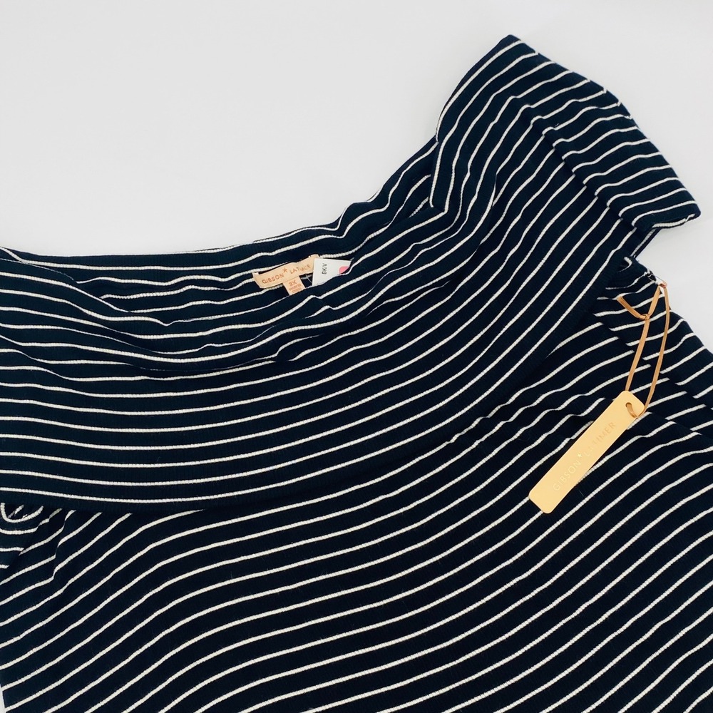 Gibson Latimer Womens 3X Blue White Striped Off Shoulder Ribbed Top Coastal